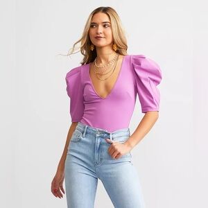 Intimately Free People Va‎ Va Voop Wildberry Puff Sleeve V-Neck Bodysuit Small